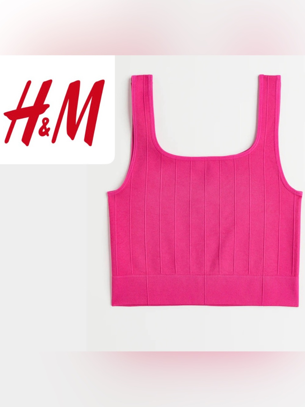 NEW H&M Ribbed Seamless Square-Neck Active Multisport Tank- Bright Pink- Size XL